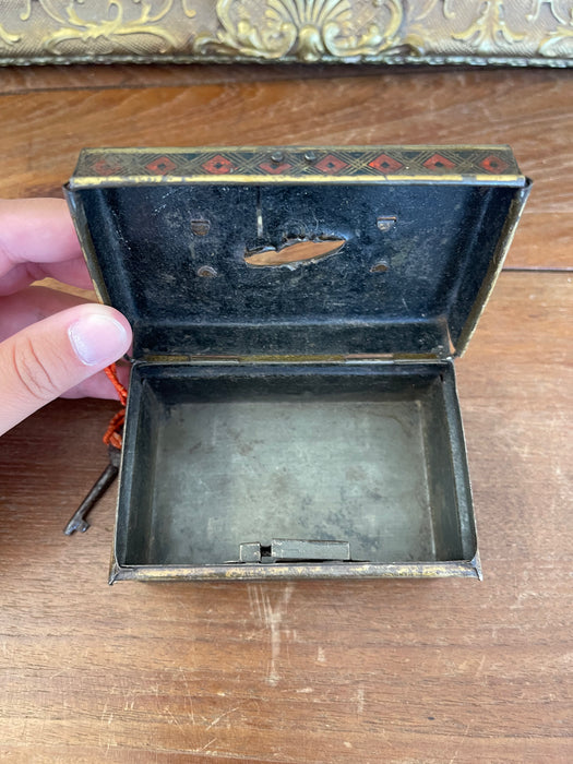 Likely Antique Toleware Painted Tin Lock Box with Key, 19th Century
