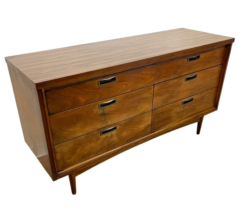 Mid Century Modern 6 Drawer Dresser with Sculpted Base and Brass-Toned Pulls.