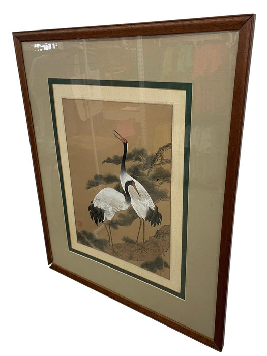 Framed Asian Crane Bird Artwork with Red Seal, Double-Matted Wood Frame, Vintage Decorative Wall Art