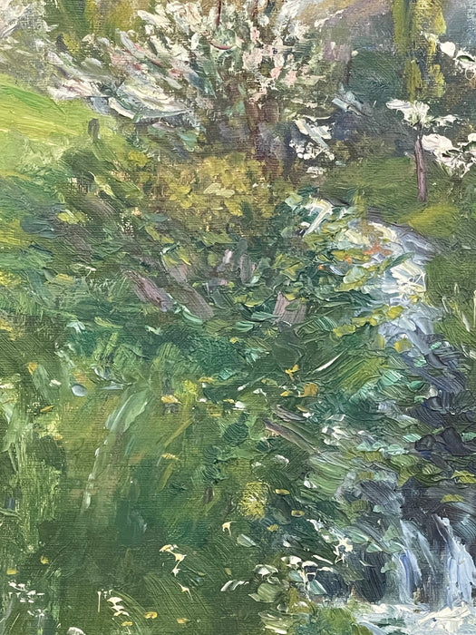 Vintage Impressionist Spring Landscape Painting with Stream in Gilt Toned Frame.