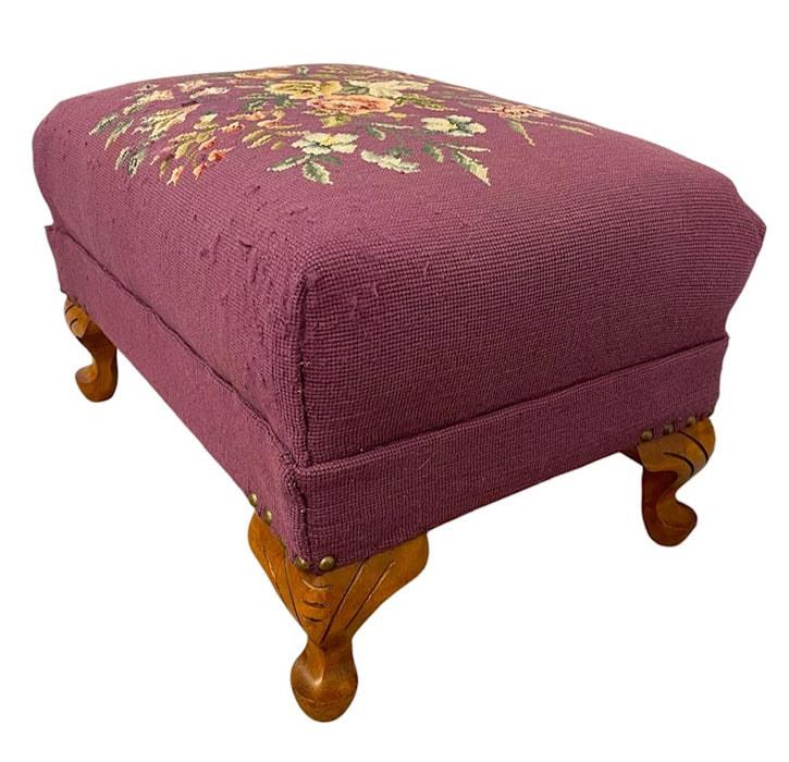 Vintage Upholstered Footstool Ottoman with Floral Needlepoint and Carved Wood Legs