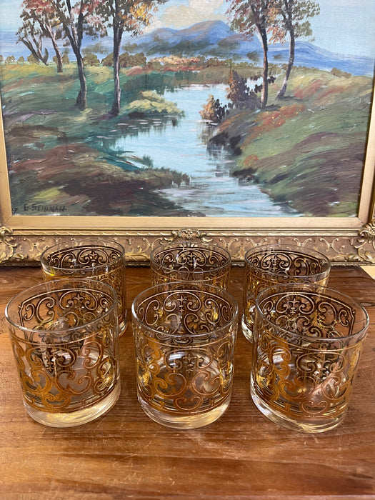 Mid-Century Georges Briard Lowball Glasses - Set of 6 Gold-toned Scroll Double Old Fashioned Tumblers