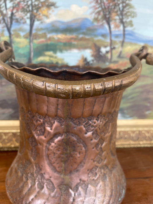 Possibly 19th Century Hand-Hammered Copper and Brass Toned Ash Bucket with Repoussé and Pierced Decoration.