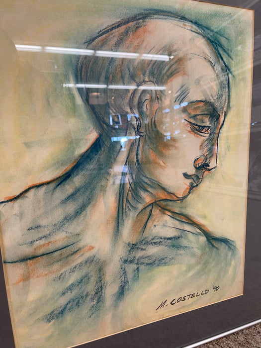 Vintage Mid Century Modern '90 Pastel Portrait Drawing Signed M. Costello, Framed Original Artwork