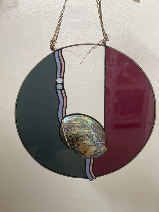 Vintage Signed Stained Glass Round Panel with Abalone Shell, Hanging Wall Art Suncatcher