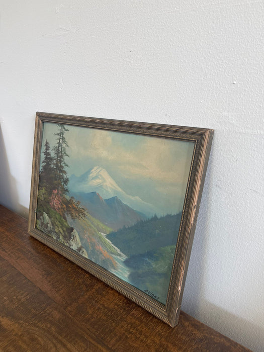 Vintage DELANE Signed mid Century modern style mountain painting on board.