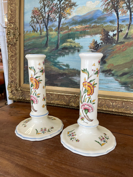 Pair of Hand-Painted French chinoiserie Style Gien France Ceramic Candlesticks - Floral Motif, Stamped