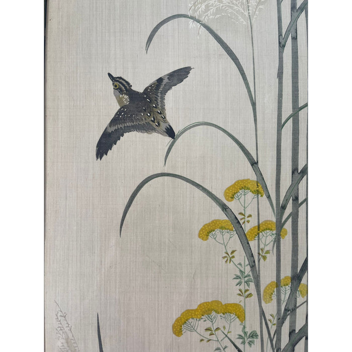 Bird Flying Through Flowers Scene Silk Painting With Art Deco Frame