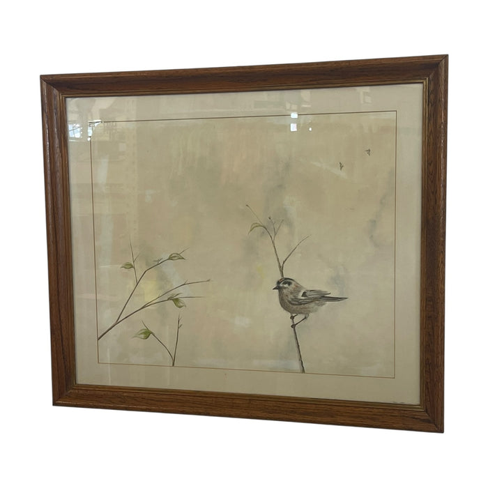 Vintage Framed Bird Illustration with Double Mat and Wood Frame Mixed Media