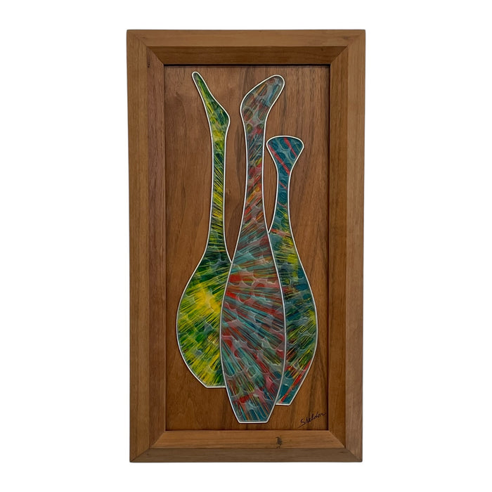 Vintage Mid-Century Modern Abstract Mixed Media Wall Art by Sheldon in Walnut Toned Frame