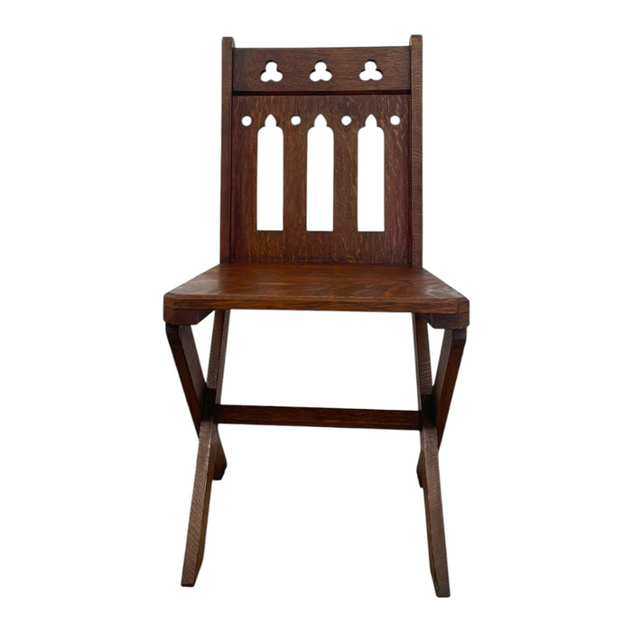 Antique Gothic Revival Oak X-Frame Accent Chair