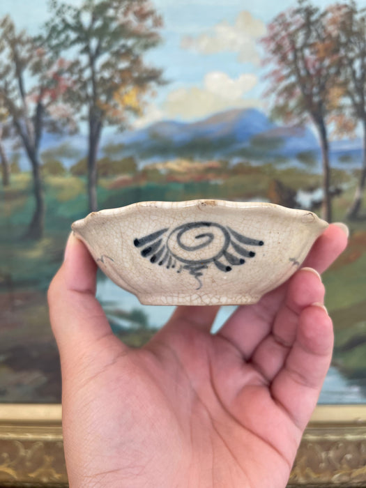 Vintage Vietnamese Ceramic Tea Bowl with Hand-Painted Dragonfly and Botanical Motif