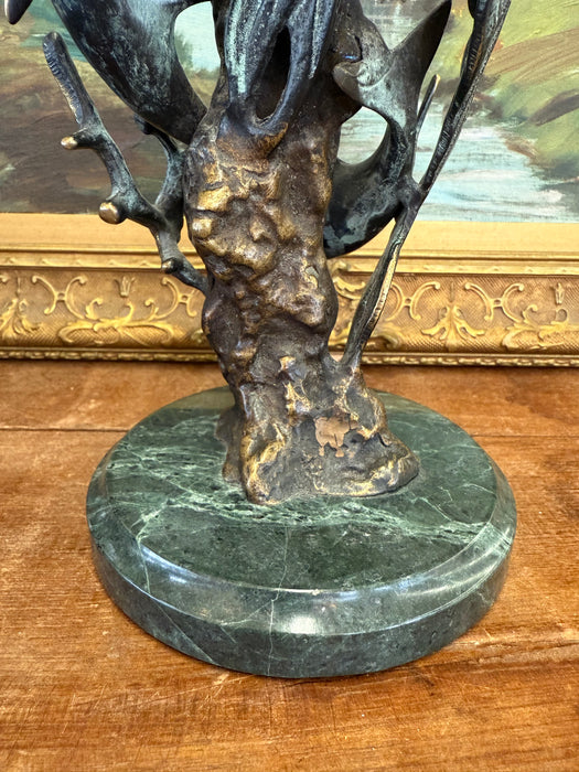 Vintage Mid Century Modern Style Bronze Toned Dolphin Sculpture on Green Marble like Base Nautical Ocean