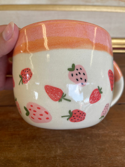 Handmade Wheel-Thrown Ceramic Strawberry Mug with Peach Glaze Interior