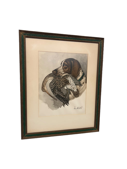 Original Hunting Dog with Foul Watercolor Painting by French Artist and Cartoonist Jean Herblet Signed