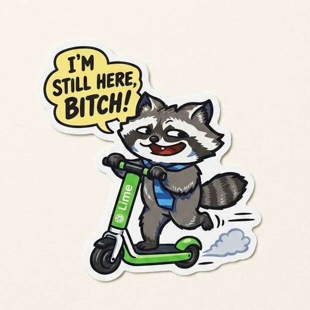 "I'm Still Here" Scooter Raccoon Vinyl Die-Cut Sticker