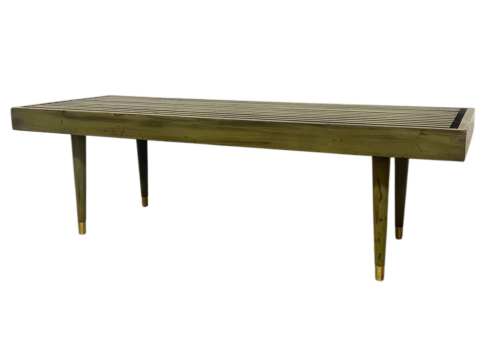 Vintage Mid Century Modern Slatted Wood Bench with Tapered Legs and Brass-Toned Caps