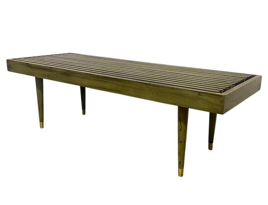 Vintage Mid Century Modern Slatted Wood Bench with Tapered Legs and Brass-Toned Caps