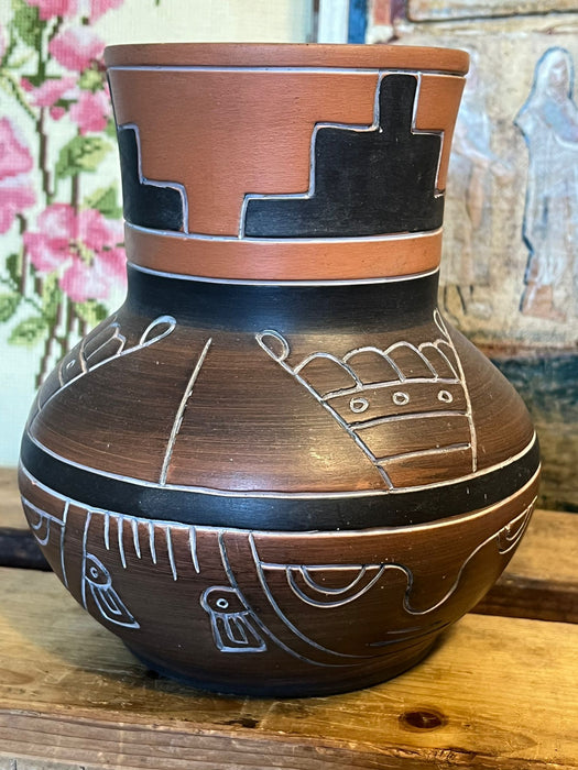 Vintage Leopoldo de Mexico Aztec Mayan Red Clay pottery folk art Vase ( Available by Online Purchase Only)