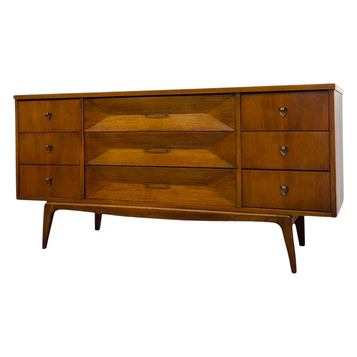 Mid-Century Modern Nine-Drawer Dresser or Credenza with Diamond Faceted Drawers