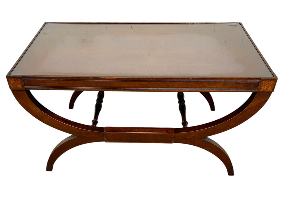 Vintage Neoclassical Style Coffee Table with Removable Glass Top, Curved Saber Legs and Floral Inlay Accents