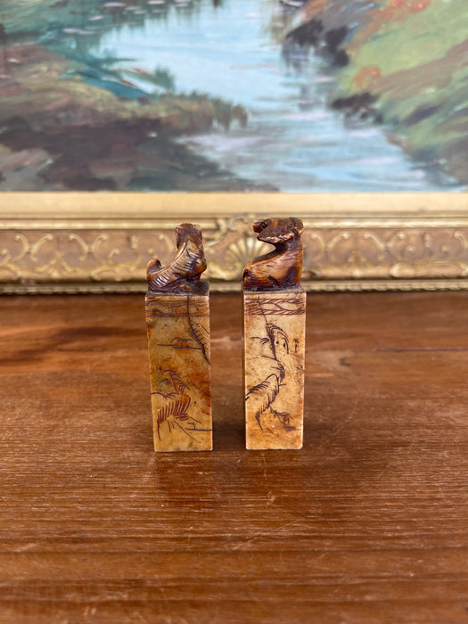 Pair of Hand-Carved Chinese Soapstone Zodiac Seals - Monkey and Ox with Landscape Engravings
