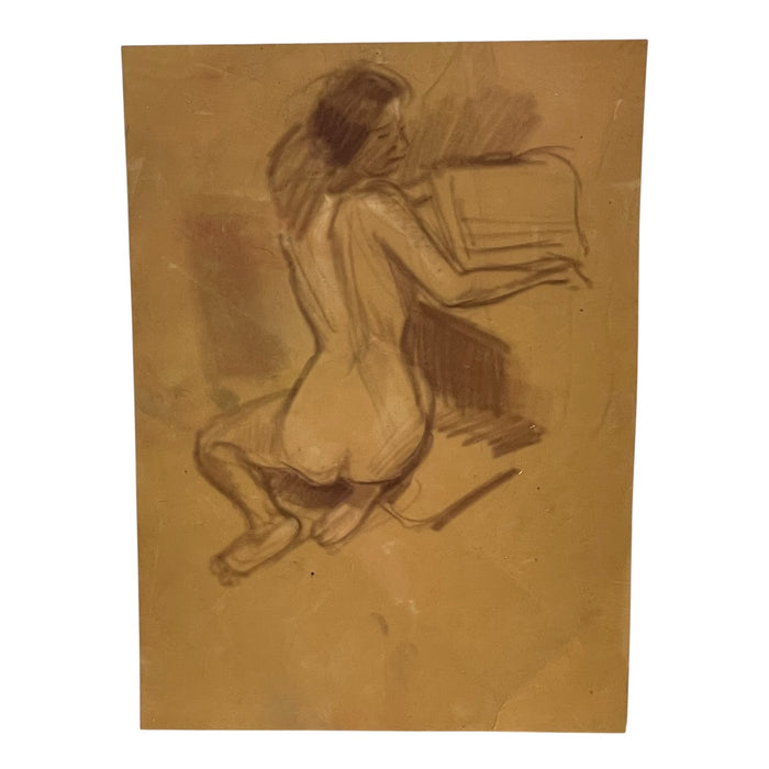 Vintage Seated Female Nude Figure Drawing on Toned Paper, Figurative Life Study