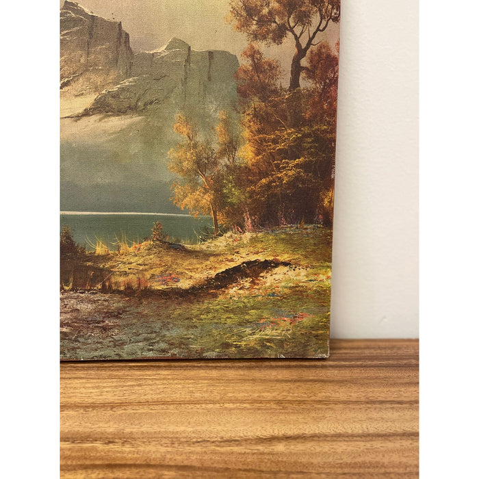 Vintage Landscape Print on Canvas. Mountains Over a Lake.
