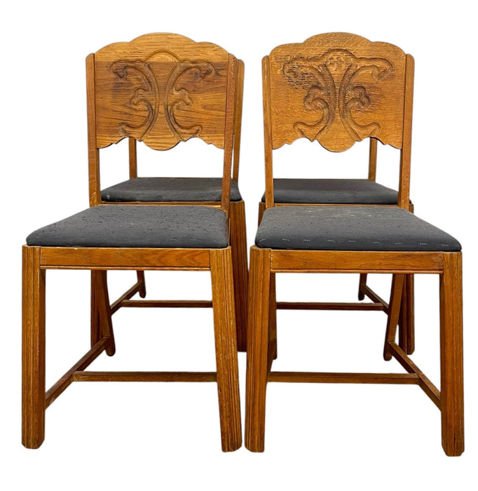 Vintage Set of 4 Carved Dining Chairs with Upholstered Seats.