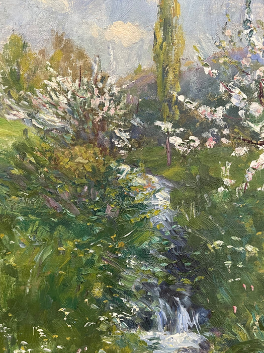Vintage Impressionist Spring Landscape Painting with Stream in Gilt Toned Frame.