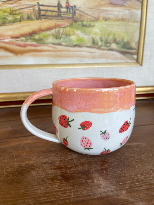 Handmade Wheel-Thrown Ceramic Strawberry Mug with Peach Glaze Interior