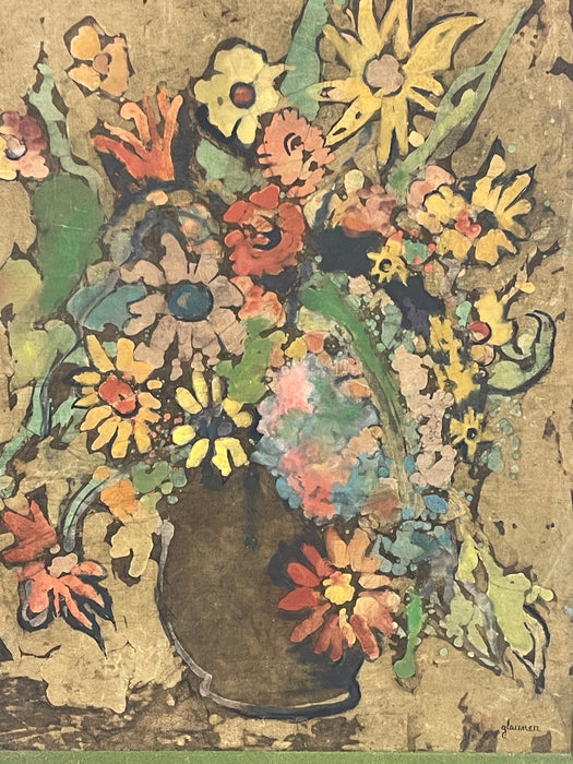 Vintage Signed Floral Still Life Mixed Media Painting on Textured Board in Ornate Frame Possible Batik Print.