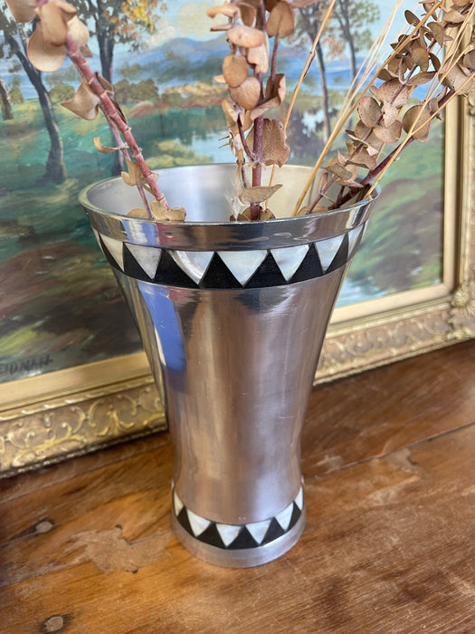 Vintage Towle Silversmiths Modernist Metal Vase with Black and Mother-of-Pearl Geometric Inlay