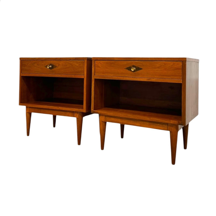 Vintage Mid-Century Modern Walnut 4-Piece Bedroom Set With Diamond Parquet Accent Inlay– Highboy, Long Dresser, & End Table Set