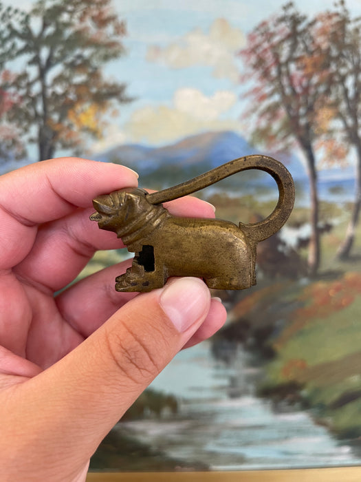 Antique Likely Brass Figural Dog Puzzle Lock with Original Keys, Early 20th Century
