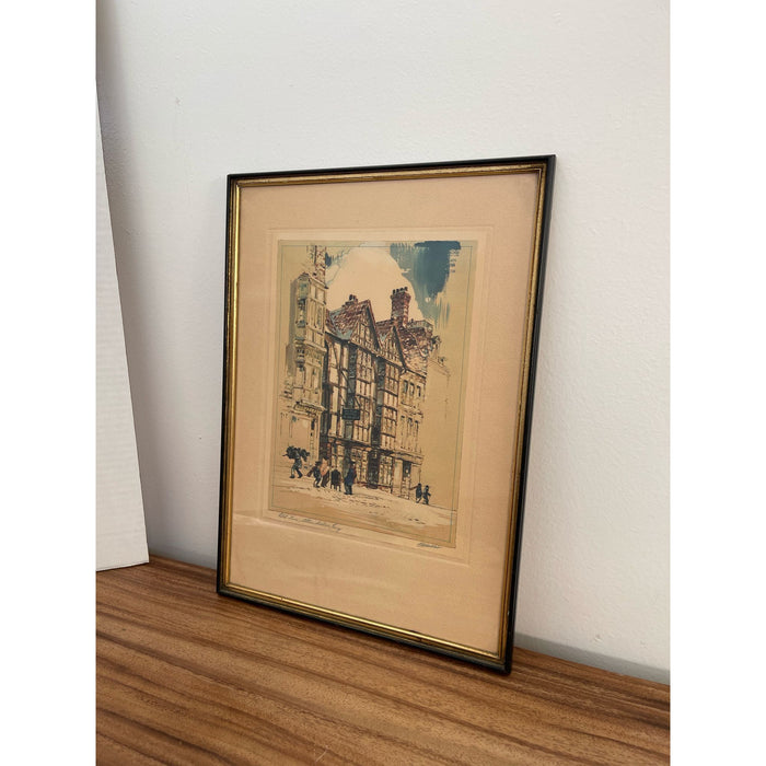 Vintage Signed A.F.Mettel Litho Print England Street Scene Ye Olde Hostel.