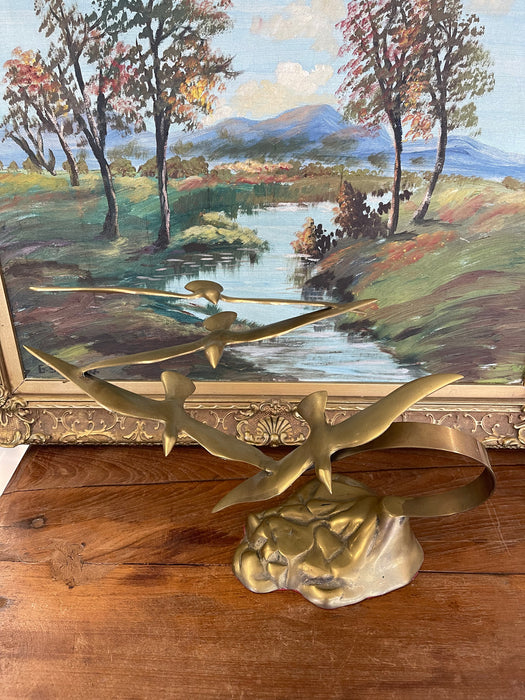 Vintage Mid-Century Modern Brass Toned Seagull Sculpture on Rocky Base