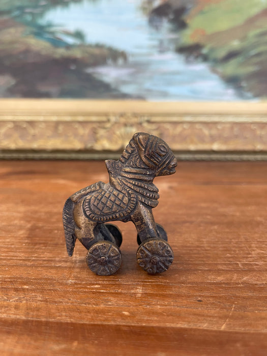 Likely Antique Bronze Toned Toy Horse on Wheels, Tribal Folk Art Figurine from India