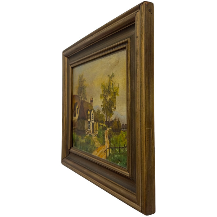 Vintage Unsigned Cottage Landscape Oil Painting – Framed European Countryside Scene