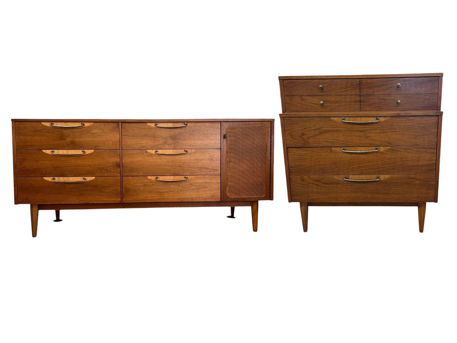 Vintage Mid Century Modern Solid Walnut Dresser Set Brass Hardware by Lane Furniture Altavista Line