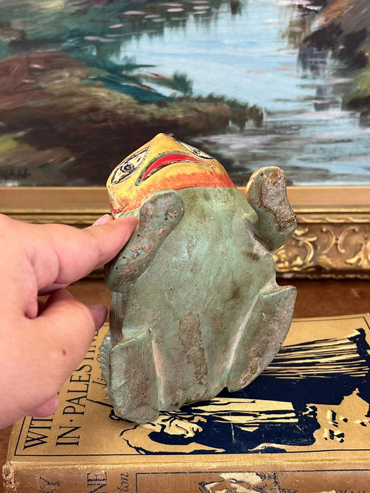 Vintage hand carved and hand painted wooden Frog Figurine