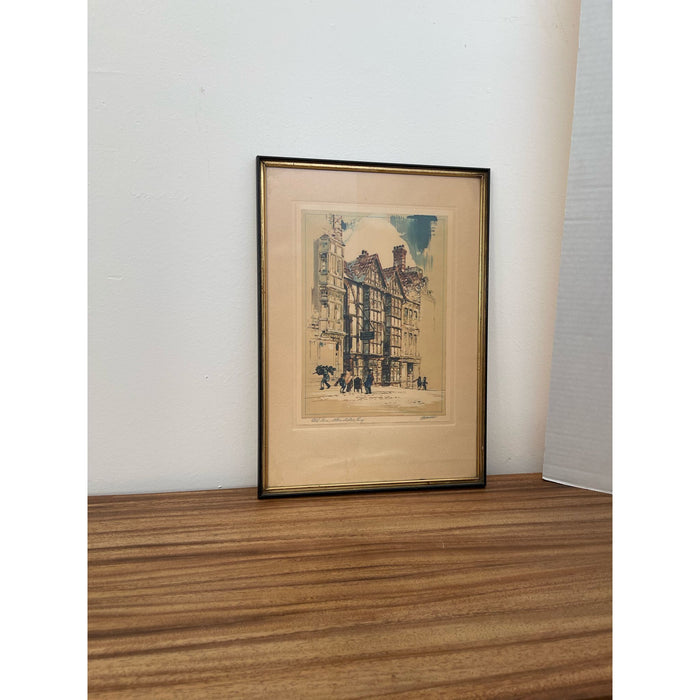 Vintage Signed A.F.Mettel Litho Print England Street Scene Ye Olde Hostel.