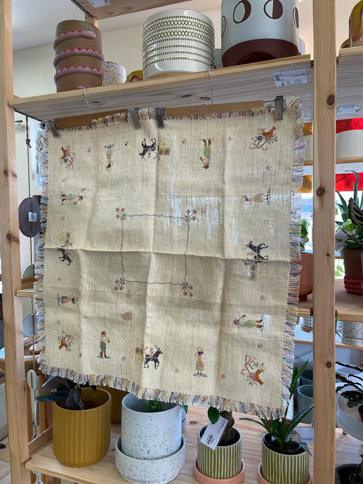 Vintage Hand-Embroidered Linen Tablecloth with Figural Motif and Fringe Border