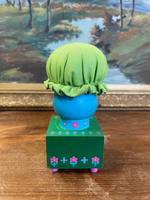 Vintage Hand-Painted Folk Art Doll Figurine on Wooden Block Base with Fabric Bonnet, Signed Mary Maki Rae
