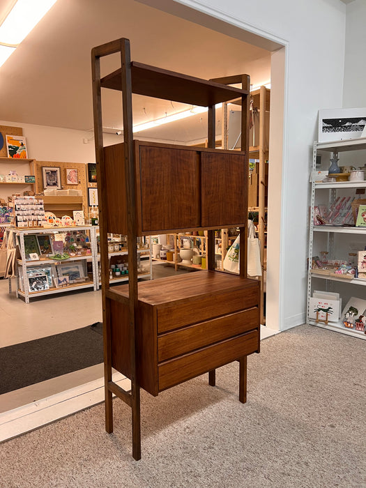 Vintage Mid Century Modern Free Standing Room Divider Wall Unit Cabinet with 3-Drawers and Finished Back