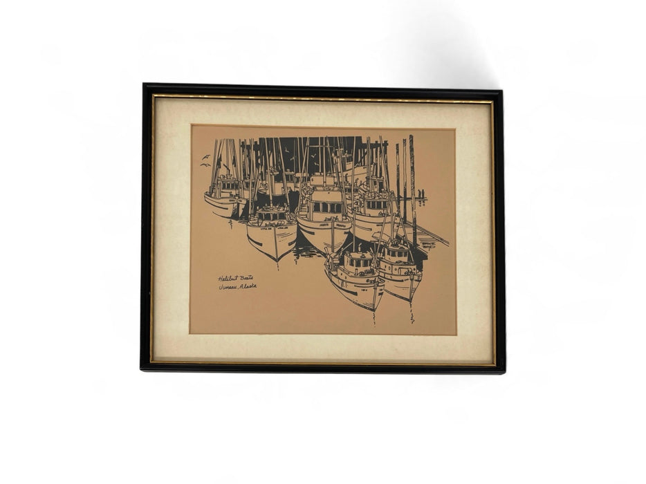 Mid-Century Style Bruce Boyd "Halibut Boats, Juneau, Alaska" Framed Graphic Maritime Print