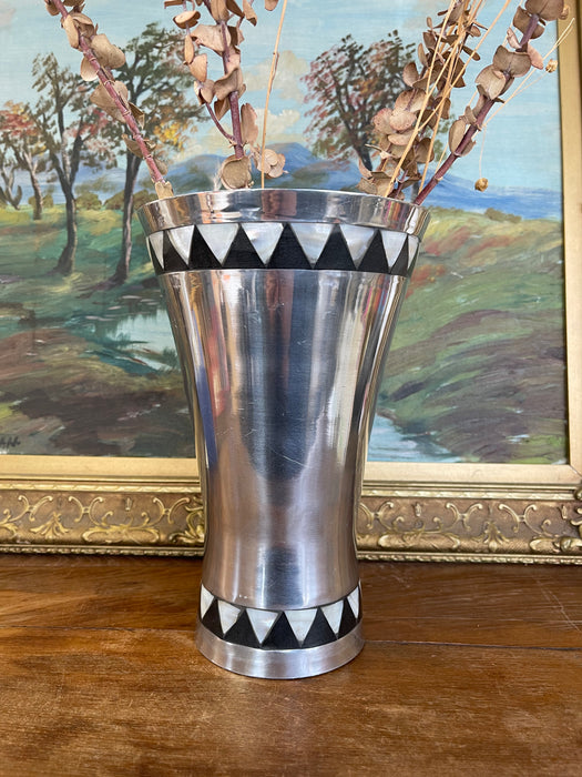 Vintage Towle Silversmiths Modernist Metal Vase with Black and Mother-of-Pearl Geometric Inlay