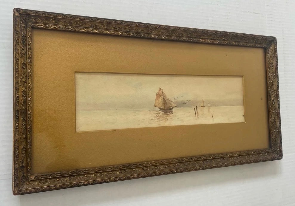 Vintage Framed and Matted Scenic Boat Artwork Print.