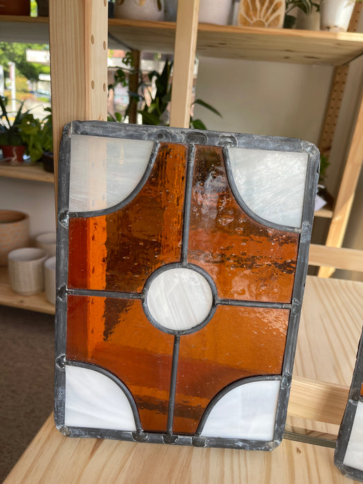 Pair of Vintage Amber and White Stained Glass Window Panels