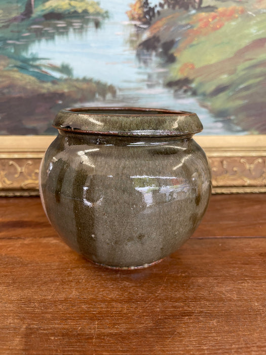 Vintage Studio Pottery Jar with Glazed Bird Silhouette and Earthy Green Finish